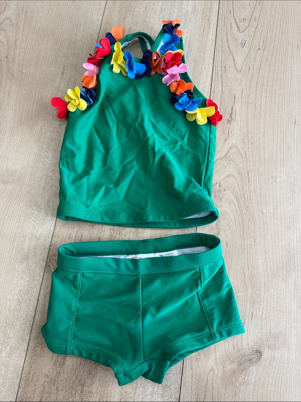 Girls' Green Two-Piece Swim Set with Colorful Flower Trim